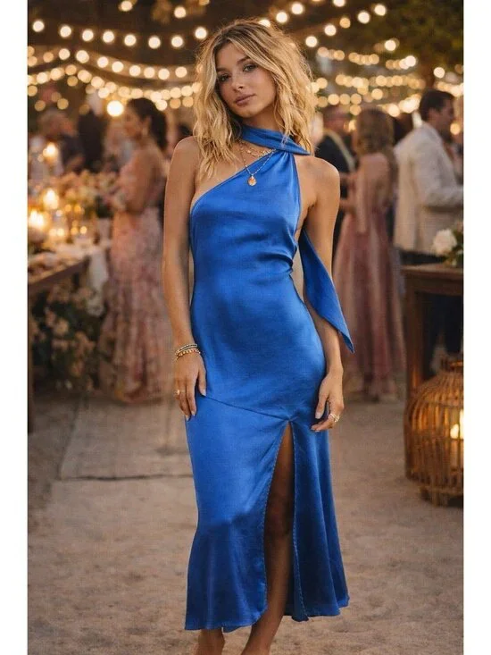 Lulus Womens Reglan Sash Midi Dress Sz Medium Blue Satin One Shoulder Low Back - Picture 1 of 8